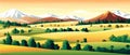 banner Spring landscape with green field and flowers cartoon rural farmland with mountain and forest Royalty Free Stock Photo