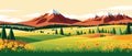 banner Spring landscape with green field and flowers cartoon rural farmland with mountain and forest Royalty Free Stock Photo