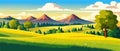 banner Spring landscape with green field and flowers cartoon rural farmland with mountain Royalty Free Stock Photo