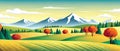 banner Spring landscape with green field and flowers cartoon rural farmland with mountain and forest Royalty Free Stock Photo