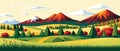 banner Spring landscape with green field and flowers cartoon rural farmland with mountain and forest Royalty Free Stock Photo