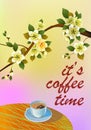 Banner spring leaves blooming cherry blossom. Coffee on the table in the spring. Time to drink coffee Royalty Free Stock Photo
