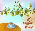 Banner spring leaves blooming cherry blossom. Coffee on the table in the spring. Time to drink coffee Royalty Free Stock Photo