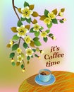 Banner spring leaves blooming cherry blossom. Coffee on the table in the spring. Time to drink coffee Royalty Free Stock Photo