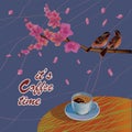 Banner spring leaves blooming cherry blossom. Coffee on the table in the spring. Time to drink coffee Royalty Free Stock Photo