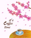 Banner spring leaves blooming cherry blossom. Coffee on the table in the spring. Time to drink coffee Royalty Free Stock Photo