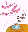 Banner spring leaves blooming cherry blossom. Coffee on the table in the spring. Time to drink coffee Royalty Free Stock Photo