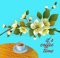 Banner spring leaves blooming cherry blossom. Coffee on the table in the spring. Time to drink coffee Royalty Free Stock Photo