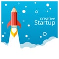 Banner for a startup. Pencil rocket takeoff.