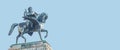 Banner with statue of Greek goddess Muse riding winged horse Pegasus in historical, touristic downtown in Vienna Austria at blue Royalty Free Stock Photo