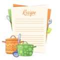 Banner, sticker, a note for the recipe. Making the recipe for cooking. Kitchen pots and kitchen tools for the design of