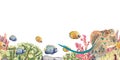 Banner with a stingray and tropical fish with corals isolated on a white background. Watercolor illustration of underwater animals Royalty Free Stock Photo