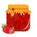 Banner for a strawberry farm product, a jar of jam. realistic fresh healthy products, sweet dessert. 3d vector illustration of gla Royalty Free Stock Photo