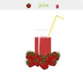 Banner Strawberry juice. A glass of juice, yellow straw, strawberry white background