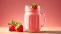 Banner with strawberry milkshake. Copy space for text. Smoothie in a glass jar with strawberries Royalty Free Stock Photo