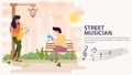 Banner street musician Girl playing saxophone for a guy sitting on a bench flat vector illustration cartoon Royalty Free Stock Photo