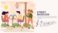 Banner street musician Girl playing the violin for a couple who are sitting at a table and drinking a drink tea flat vector Royalty Free Stock Photo