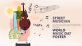 Banner street musician world music day Poster hand holding a mobile phone in it a man plays the double bass notes icons flat Royalty Free Stock Photo