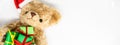 Banner with stuffed toy Teddy bear in a red Santa Claus hat with a pompom on one ear, holding green gift boxes in its paws. White Royalty Free Stock Photo