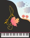 Banner with stylized grand piano, fantasy treble clef with autumn leaf and country landscape in vector