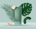 Banner with Summer cosmetic product, tropical leaves, shells. Vector 3D realistic illustration