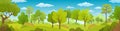 Summer trees, bush, grass, sky, clouds. Background with green plants. Forest. Country landscape. Nature