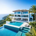 banner summer luxury estate villa with large swimming Luxury modern estate property on hill with stunning sea Summer