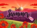 Banner summer sale. Beautiful evening landscape. Slope with blooming poppies. Mountains and the sunset sky in the clouds Royalty Free Stock Photo