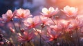 Banner, sun rays falling on white pink flowers growing in a meadow. Sunset. Flowering flowers, a symbol of spring, new life Royalty Free Stock Photo