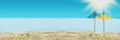 Banner 3:1. Sun umbrellas on sandy beach with blurry blue ocean and sky. Social distancing or COVID-19 protection at summer Royalty Free Stock Photo