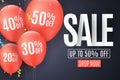 Banner for super sale. Flying red balls with multi-colored confetti on a dark background. Paper chaotic white letters. Special off Royalty Free Stock Photo