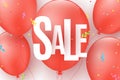 Banner for super sale. Flying red balls with multi-colored confetti. Paper chaotic white letters. Special offer, big discounts. Ve Royalty Free Stock Photo