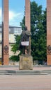 A banner for support of Ukrainian filmmaker Oleg Sentsov on Stepan Bandera memorial in Lviv, Ukraine Royalty Free Stock Photo