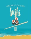 Banner with sushi, chopsticks and sea coast Royalty Free Stock Photo