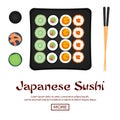 Banner. Sushi rolls set, sushi time. Chopsticks holding sushi roll, sushi restaurant, flat style trend modern. Sushi day.