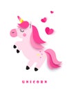 Banner with Sweet unicorn and hearts on white background. Paper Art. Vector illustration