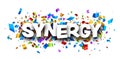 Banner with synergy sign over colorful confetti background