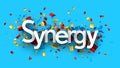 Banner with synergy sign over colorful confetti on blue background Royalty Free Stock Photo