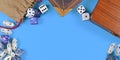 Banner with tabletop role playing items like blue and white RPG dices, character sheet and rule books with empty copy space Royalty Free Stock Photo