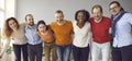 Banner with team of happy diverse people huddling, laughing and having fun together Royalty Free Stock Photo