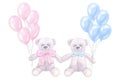 Banner Teddy bears with blue pink bow, balloons, for newborn girl boy. Hand drawn watercolor illustration isolated on