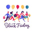 Banner template for Black friday sale. People running for shopping and holding balloons and paper bags with lettering text..