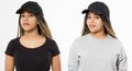 Banner template blank black t shirt, baseball hat. Grey mockup sweatshirt hoodie. African american woman. Summer clothes copy Royalty Free Stock Photo