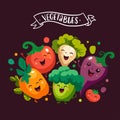 Banner template with Cartoon vegetables characters. Vegan Friends forever. Comic mascots group. You can use in the menu