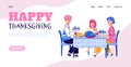 Banner template with family Thanksgiving dinner cartoon vector illustration.