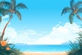 banner template featuring a tropical beach scene with clear blue skies and palm trees Royalty Free Stock Photo