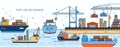 Banner template with seaport, marine terminal, freight vessels, cargo ships containerships, sea watercrafts, port cranes Royalty Free Stock Photo