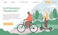 Banner template with senior man riding bicycle and woman riding scooter in the city park. Urban eco transport