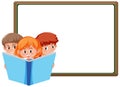 Banner template with three kids reading big book Royalty Free Stock Photo