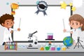 Banner template with two kids working in science lab at school background